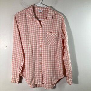 Womens Time and Tru Gingham Button Shirt Roll Tab Sleeve S Pink White Viscose